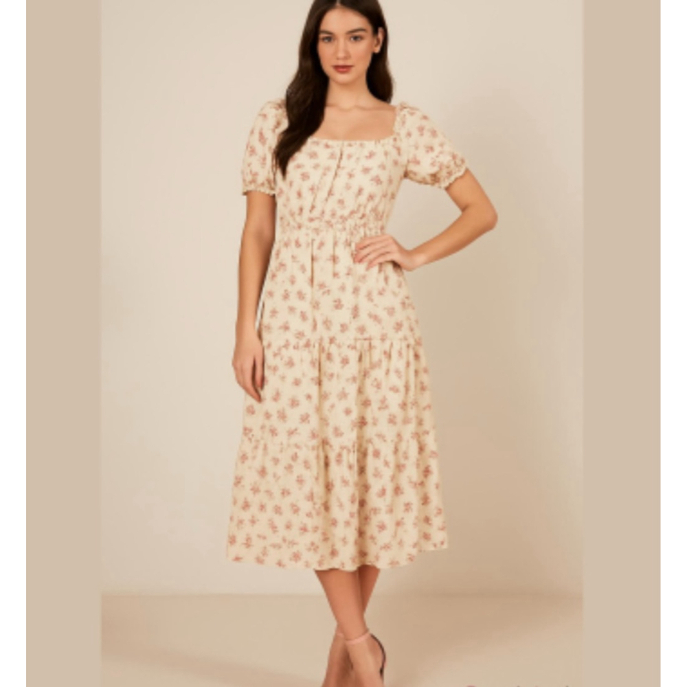 Monteau Cream Floral Midi Dress with Pink Print